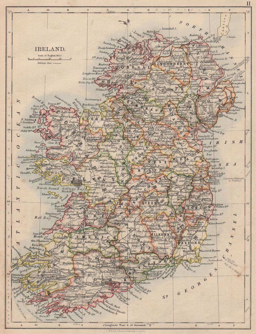 IRELAND. Showing counties. Undersea telegraph cables.  JOHNSTON 1895 old map