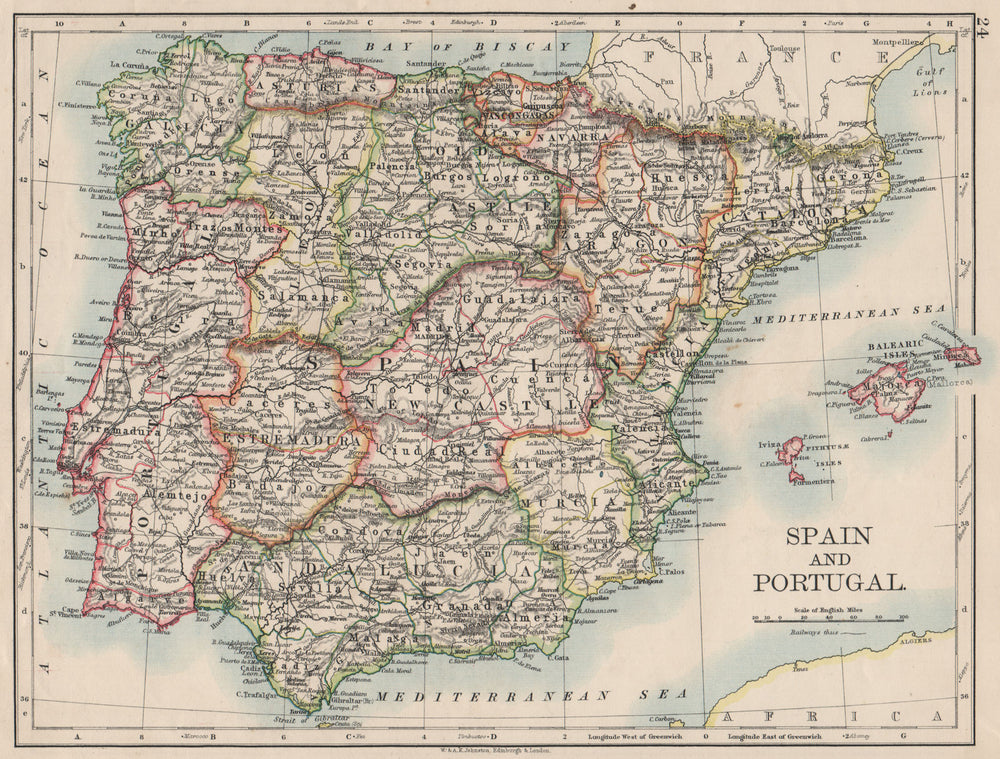 SPAIN AND PORTUGAL. Iberia. Provinces railways. Balearics.  JOHNSTON 1900 map