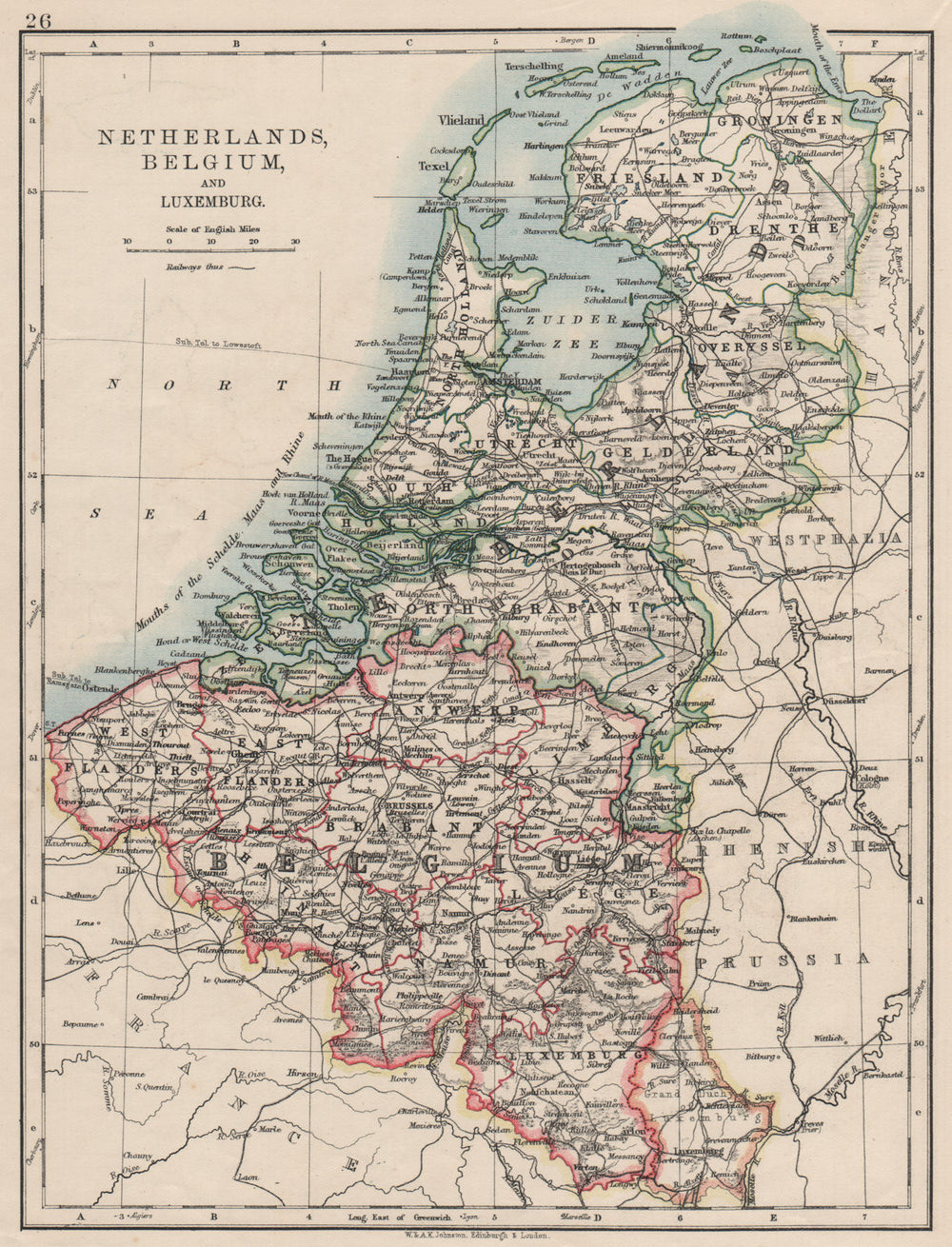 BENELUX.Netherlands Belgium Luxemburg. Holland.  JOHNSTON 1900 old antique map