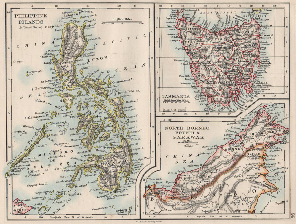 EAST ASIA. Philippines Tasmania North Borneo Brunei Sarawak. JOHNSTON 1900 map