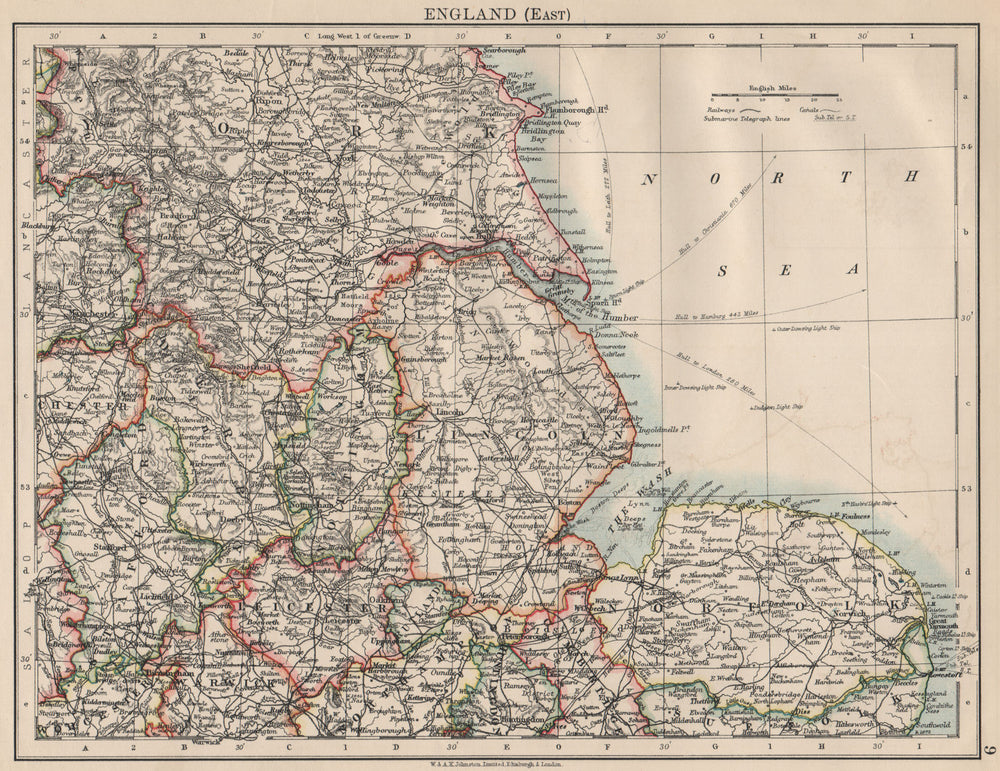 EAST ENGLAND. Lincs Norfolk Leics Notts Staffs Derbys Yorks.  JOHNSTON 1903 map