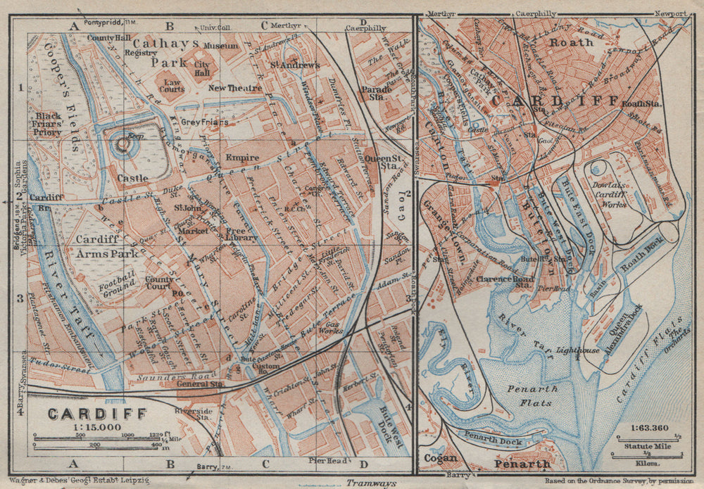 CARDIFF town city plan. St David's Centre Newtown Century Wharf. Wales 1927 map