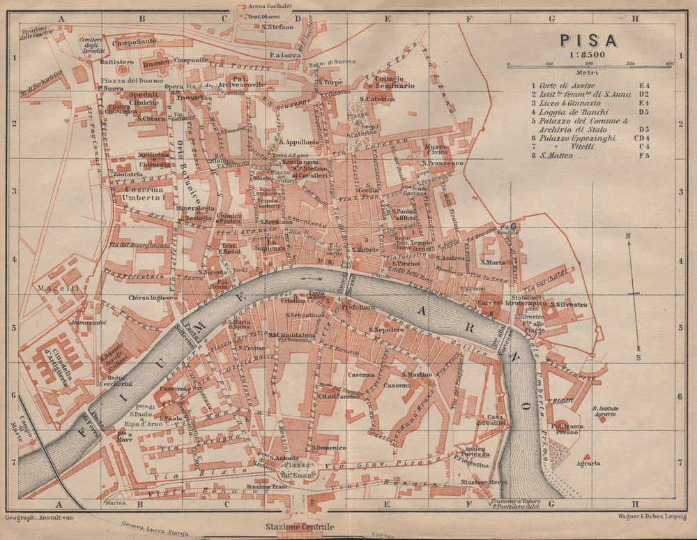 PISA antique town city plan piano urbanistico. Italy mappa. BAEDEKER 1903