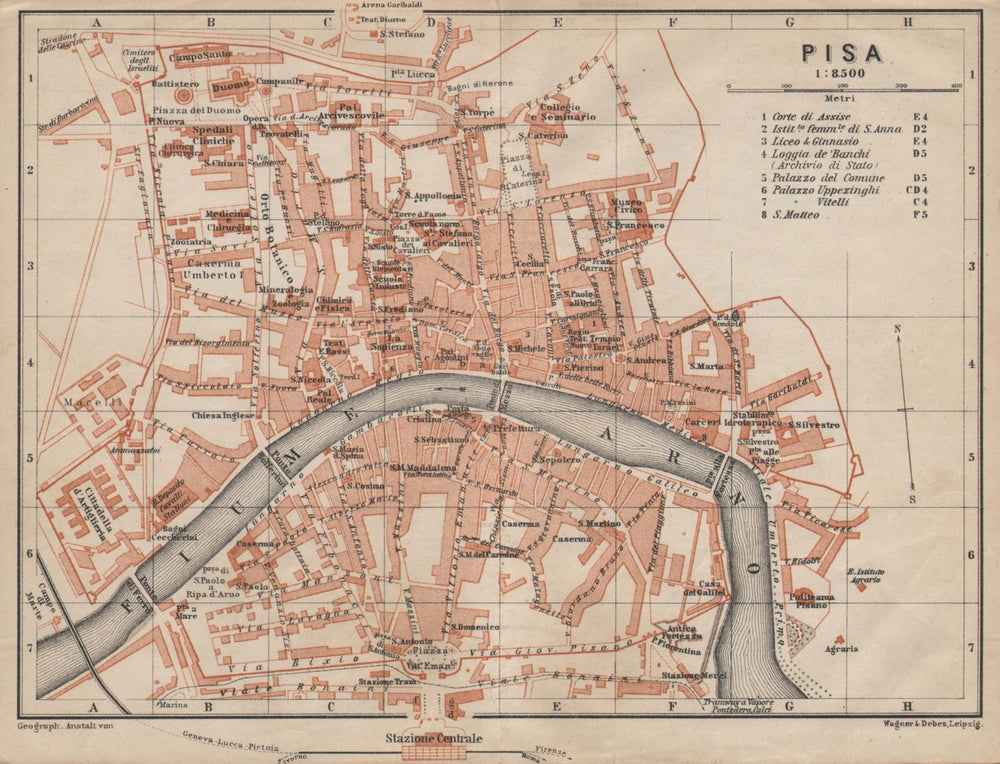 PISA antique town city plan piano urbanistico. Italy mappa. BAEDEKER 1906