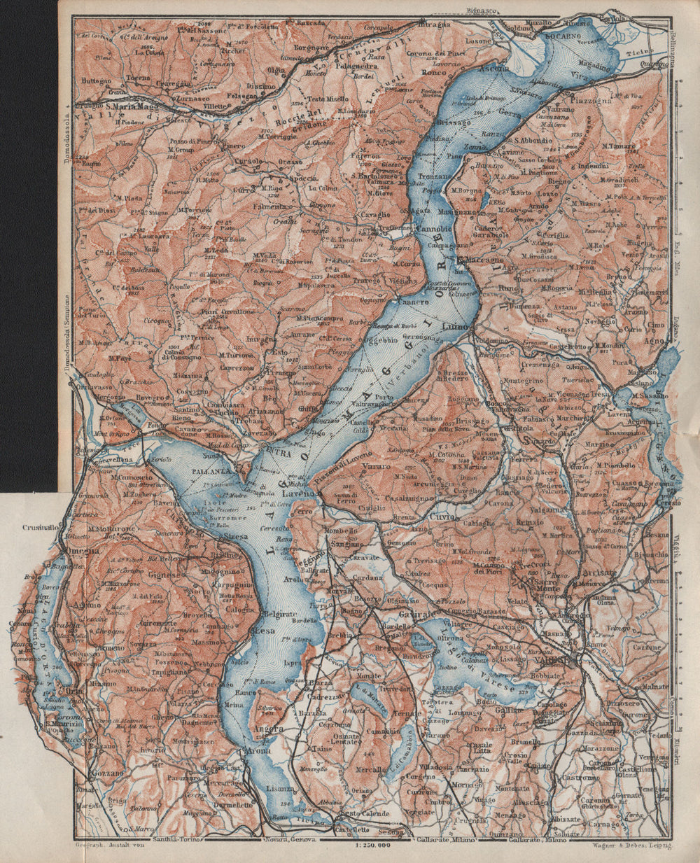 LAGO/LAKE MAGGIORE & LAGO/LAKE D'ORTA Varese Pallanza topo-map. Italy 1913