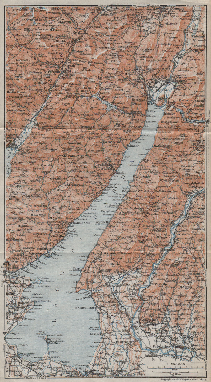 LAGO DI/LAKE GARDA. Riva Salo Gargnano Bardolino. Topo-map. Italy 1913 old