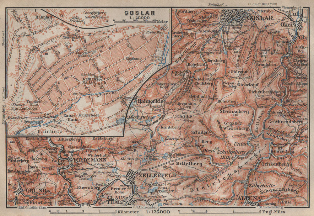 GOSLAR town city stadtplan. Clausthal-Zellerfeld OBERHARZ mountains 1910 map