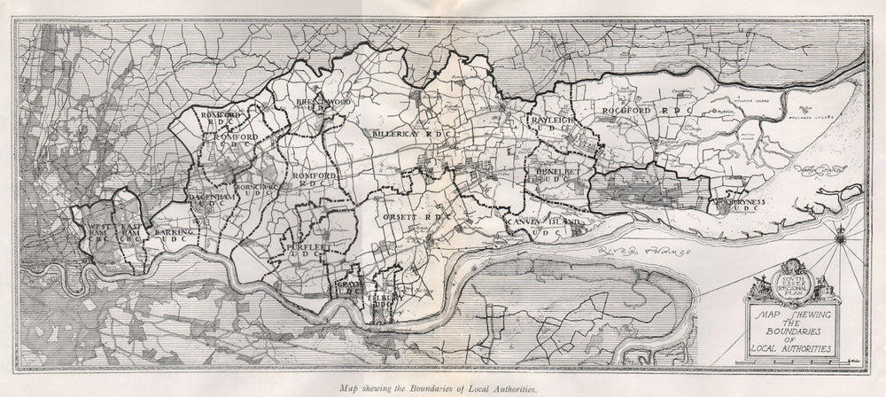 SOUTH ESSEX Local Authority boundaries. Thames estuary 1931 old vintage map