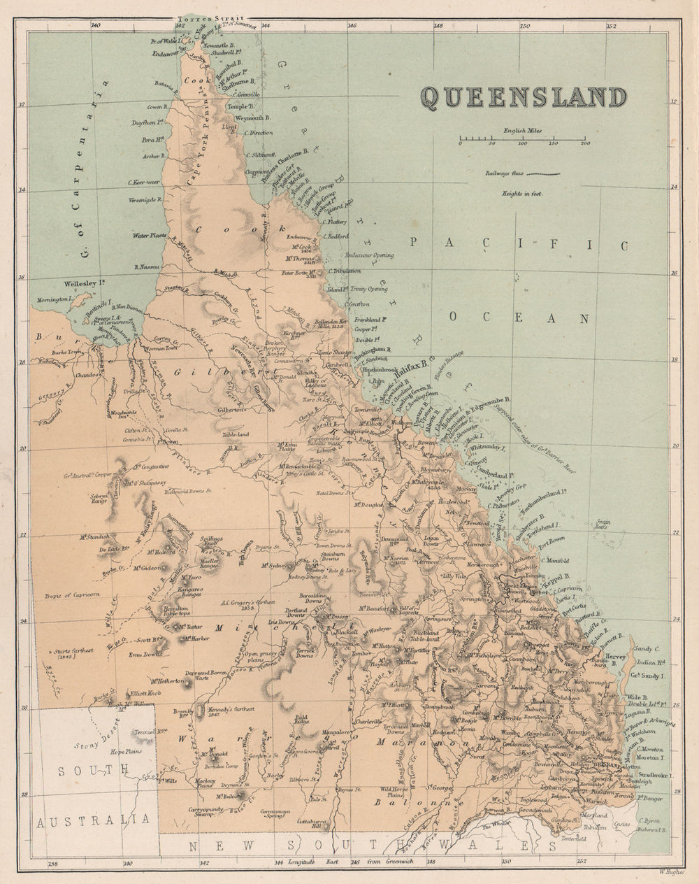 Queensland state map showing 'supposed outer edge of Grt. Barrier Reef" c1874