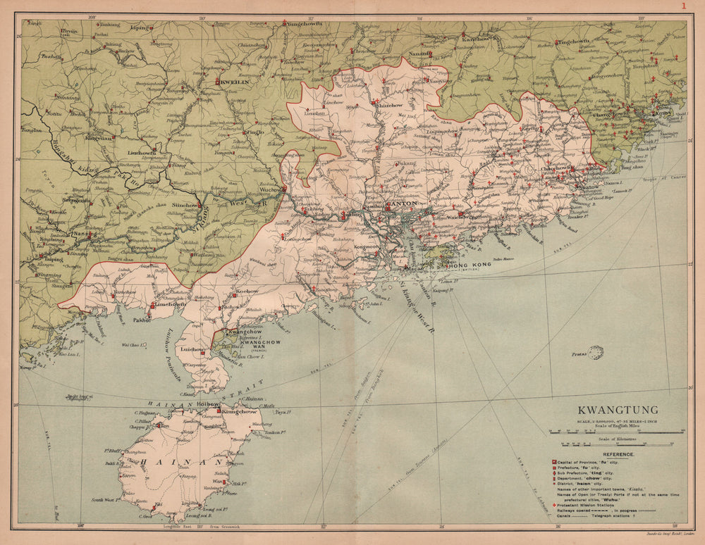 Kwangtung (Guangdong) China province map. Hong Kong Macao Canton. STANFORD 1908