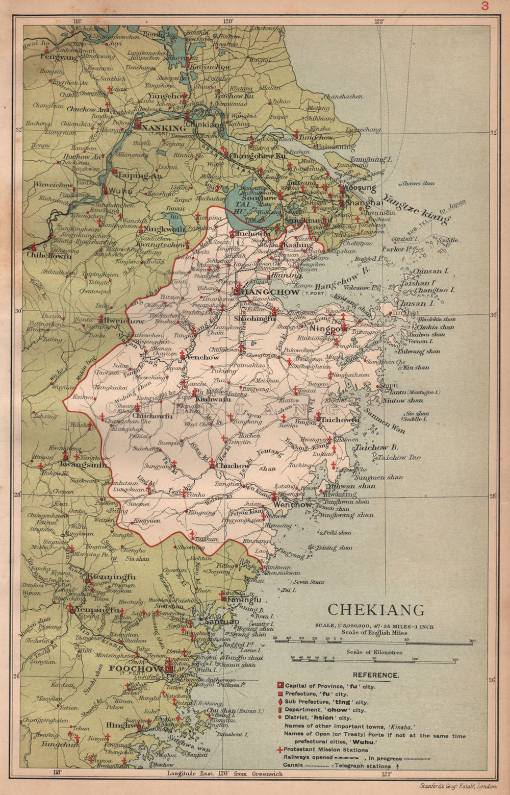 Chekiang (Zhejiang) China province map. Hangchow (Hangzhou). STANFORD 1908