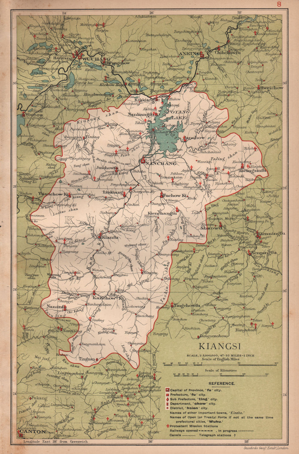 Kiangsi (Jiangxi) China province map. Nanchang. STANFORD 1908 old antique