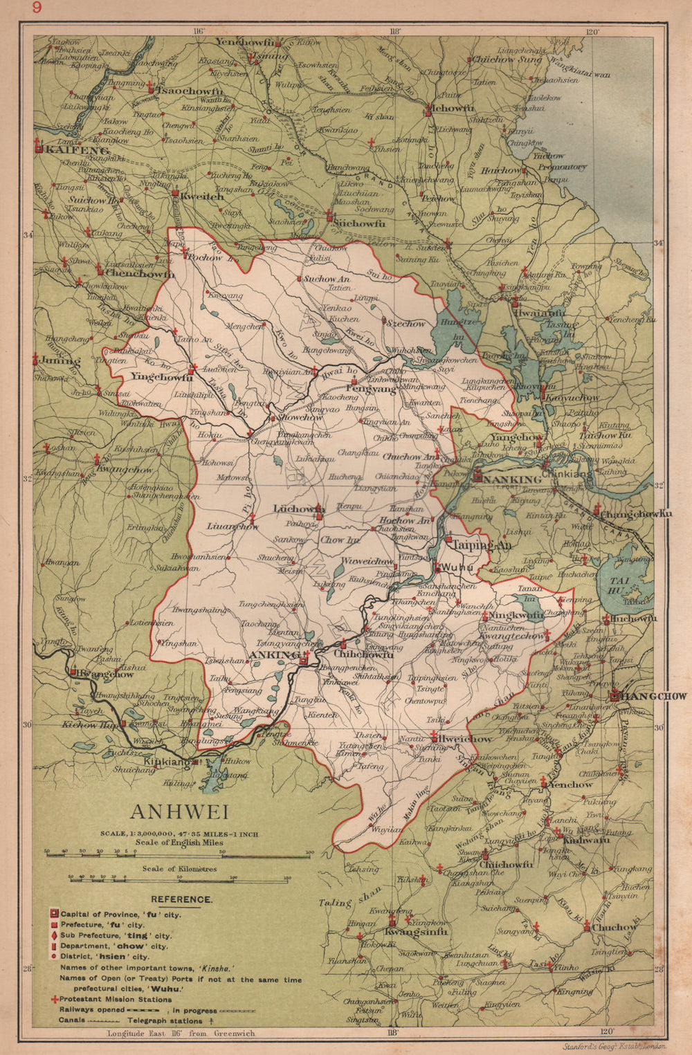 Anhwei (Anhui) China province map. Luchowfu/Hefei, Anking/Anqing. STANFORD 1908