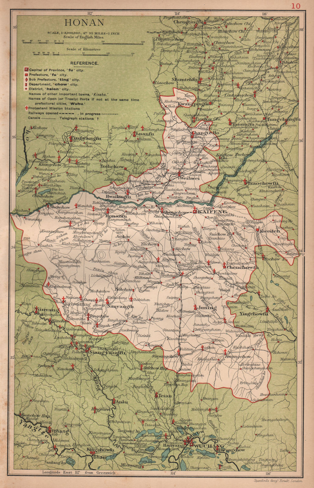 Honan (Henan) China province map. Kaifeng, Chengchow (Zhengzhou). STANFORD 1908