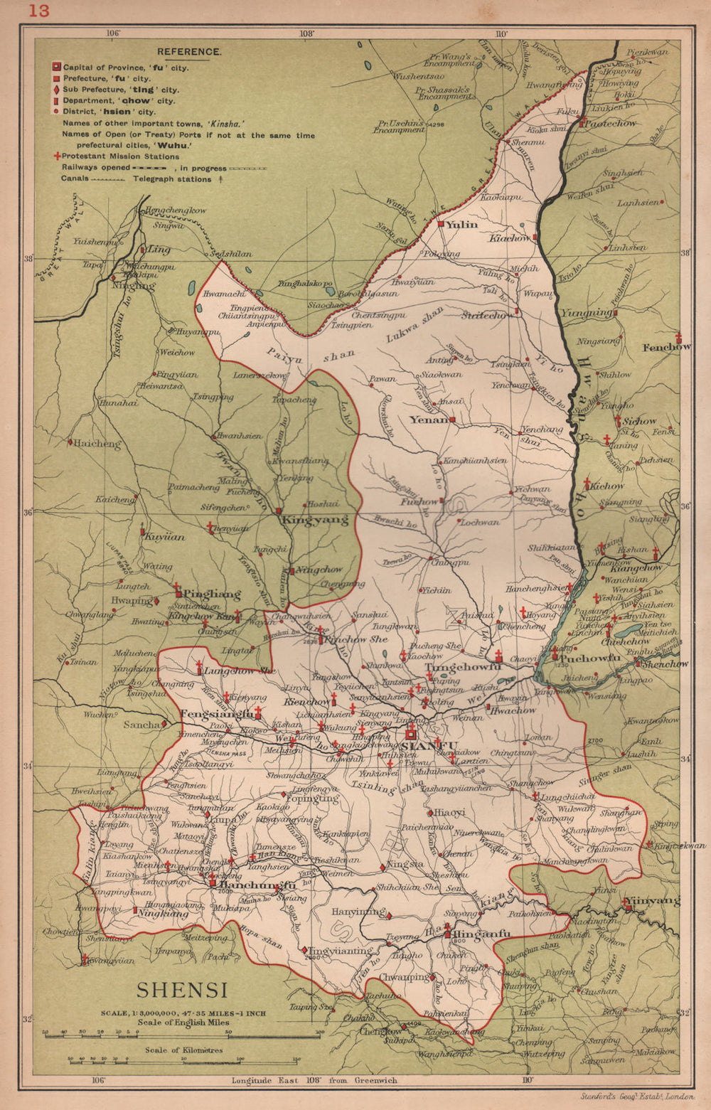 Shensi (Shaanxi) China province map. Sianfu (Xian). STANFORD 1908 old