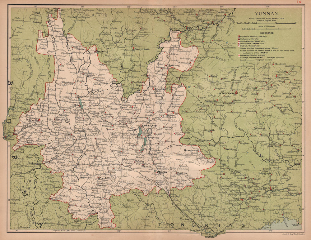 Yunnan (Yunnan) China province map. Yunnanfu (Kunming). STANFORD 1908 old