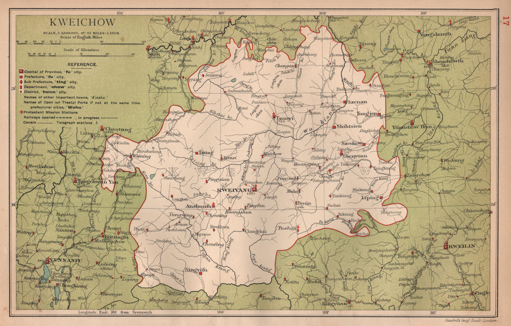 Kweichow (Guizhou) China province map. Kweiyang (Guiyang). STANFORD 1908