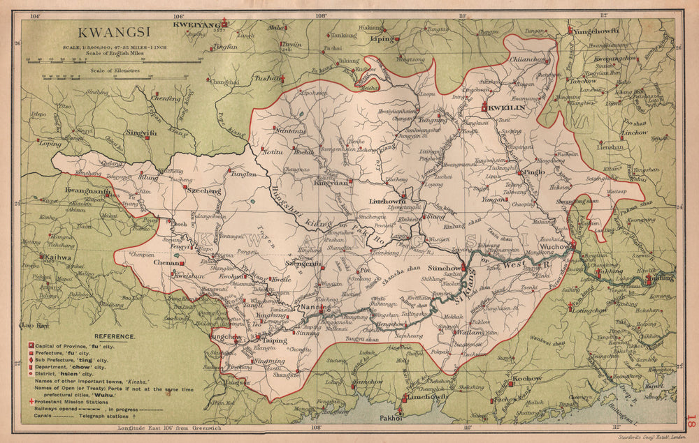 Kwangsi (Guangxi) China province map. Kweilin (Guilin). STANFORD 1908 old