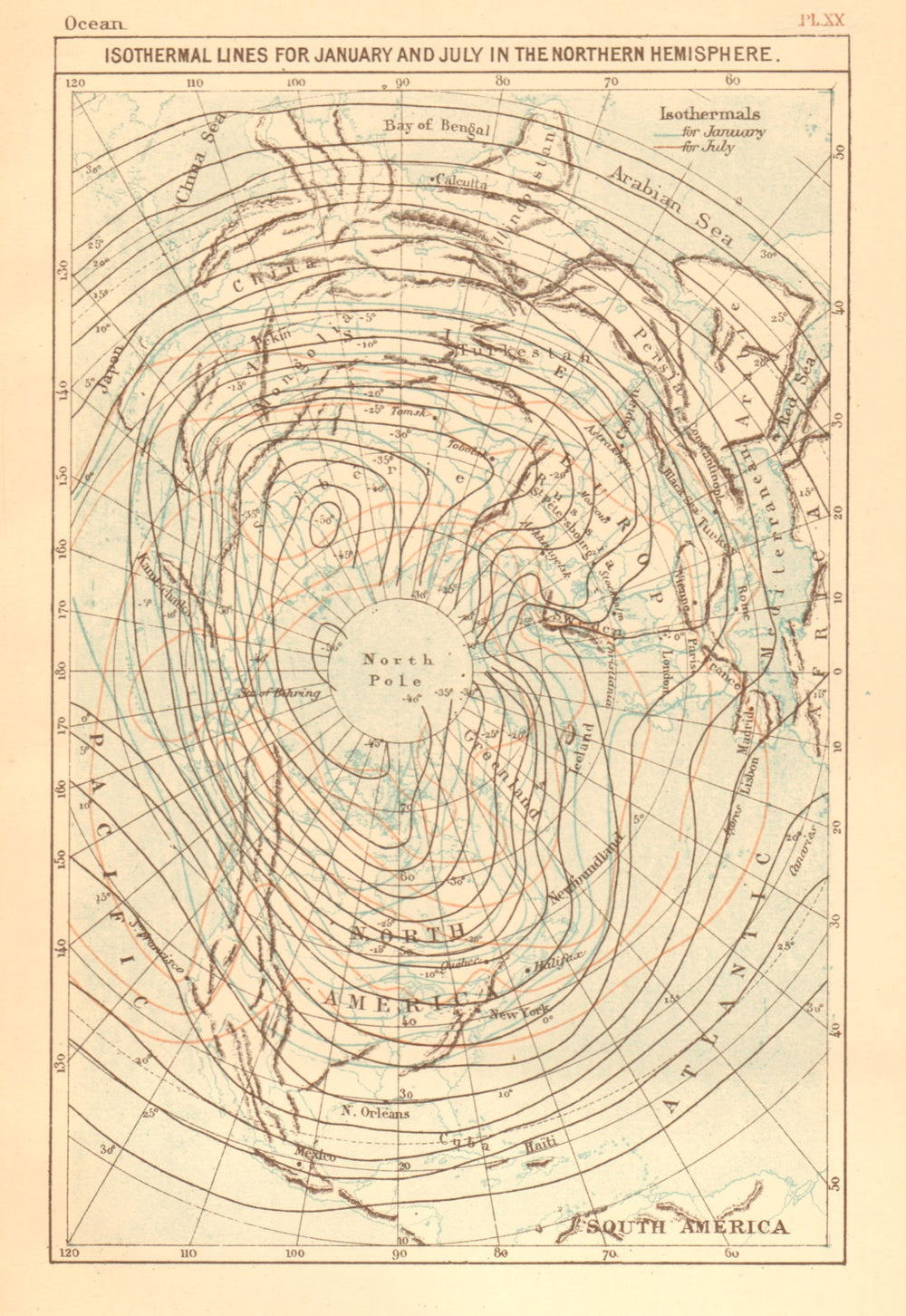 Isothermal Lines January & July Northern Hemisphere. Arctic North Pole 1886 map