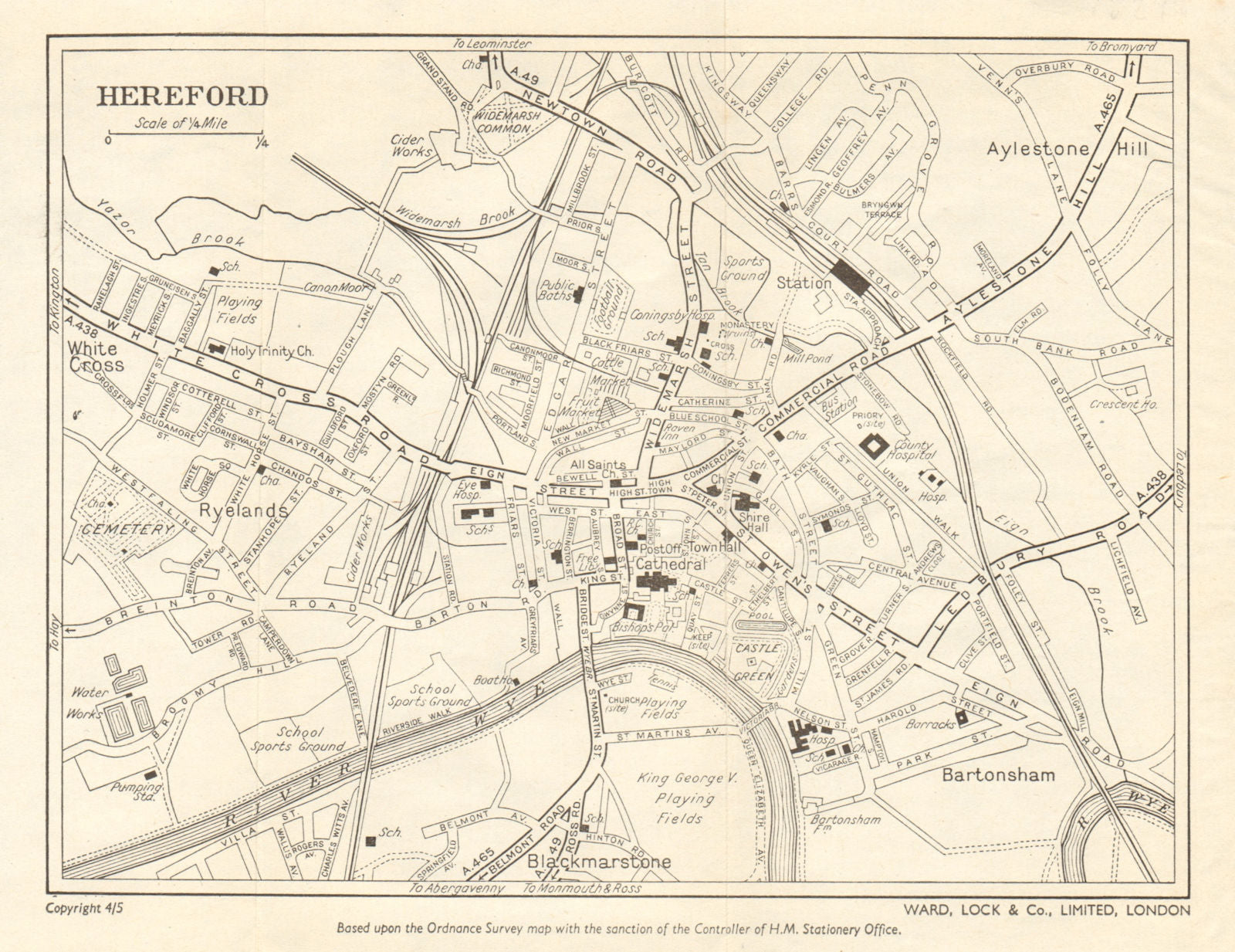 HEREFORD Vintage Town city Plan Herefordshire River Wye WARD LOCK hereford-vintage-town-city-plan-herefordshire-river-wye-ward-lock
