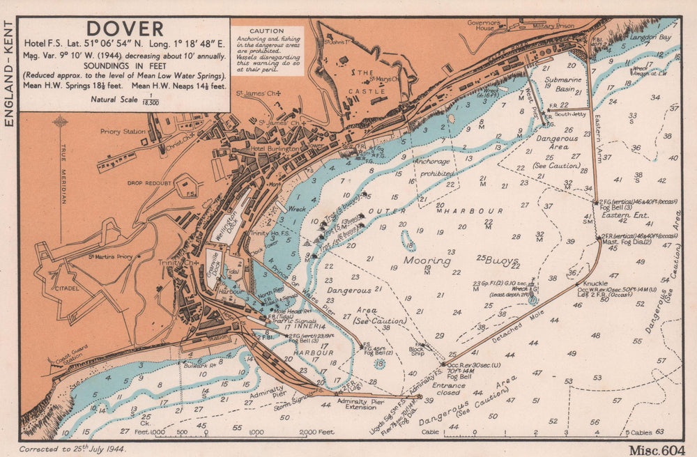 Dover town & harbour plan & sea coast chart. Kent. ADMIRALTY 1944 old map
