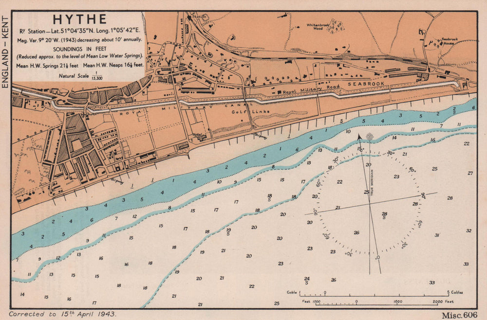 Hythe town plan & sea coast chart. Kent. ADMIRALTY 1943 old vintage map