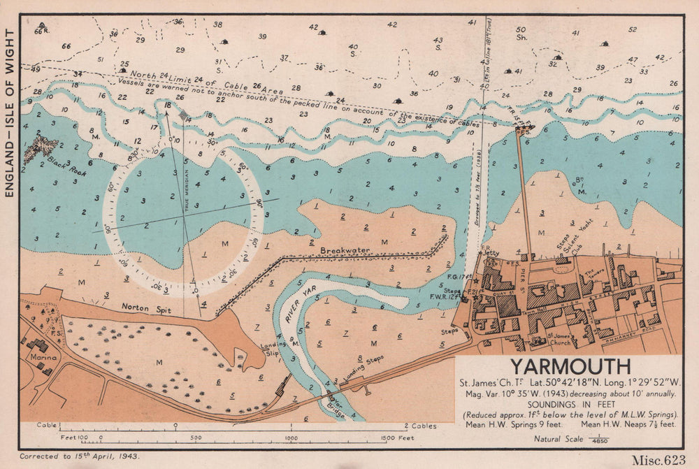 Yarmouth town plan & sea coast chart. Isle of Wight. ADMIRALTY 1943 old map