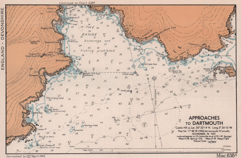 Approaches to Dartmouth sea coast chart. Devon. ADMIRALTY 1943 old vintage map