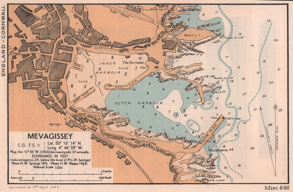 Mevagissey town plan & sea coast chart. Cornwall. ADMIRALTY 1943 old map