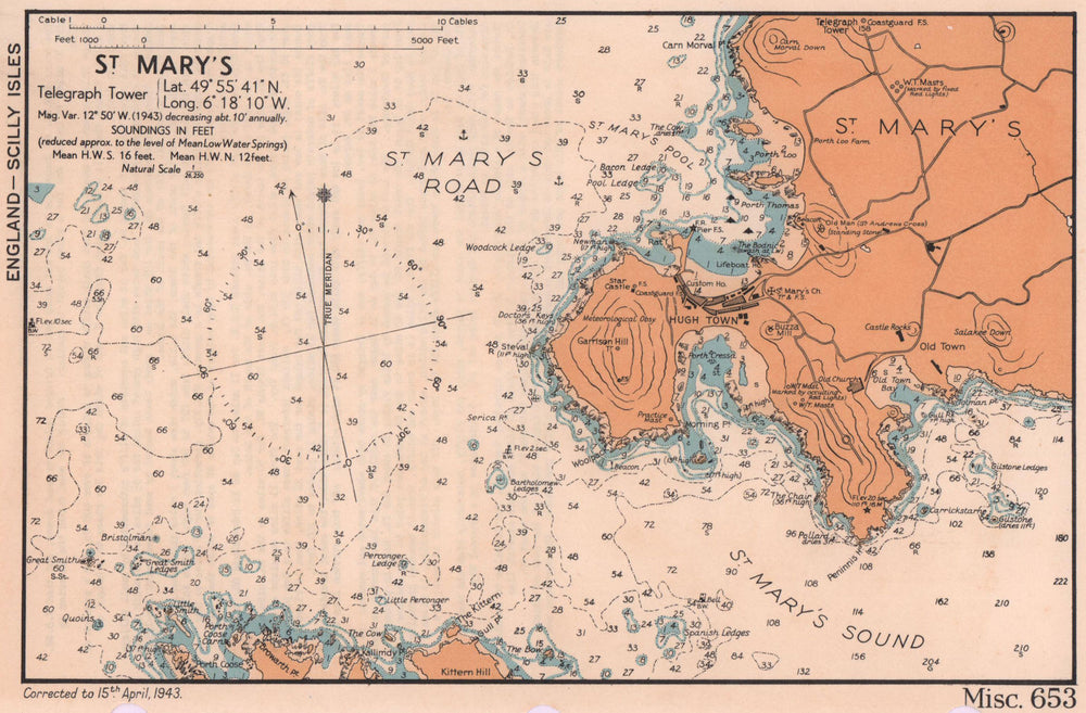 St Mary's sea coast chart. Hugh Town. Scilly Isles. ADMIRALTY 1943 old map