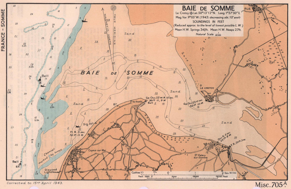 Baie de Somme sea coast chart. Crotoy Cayeux. D-Day planning map. ADMIRALTY 1943