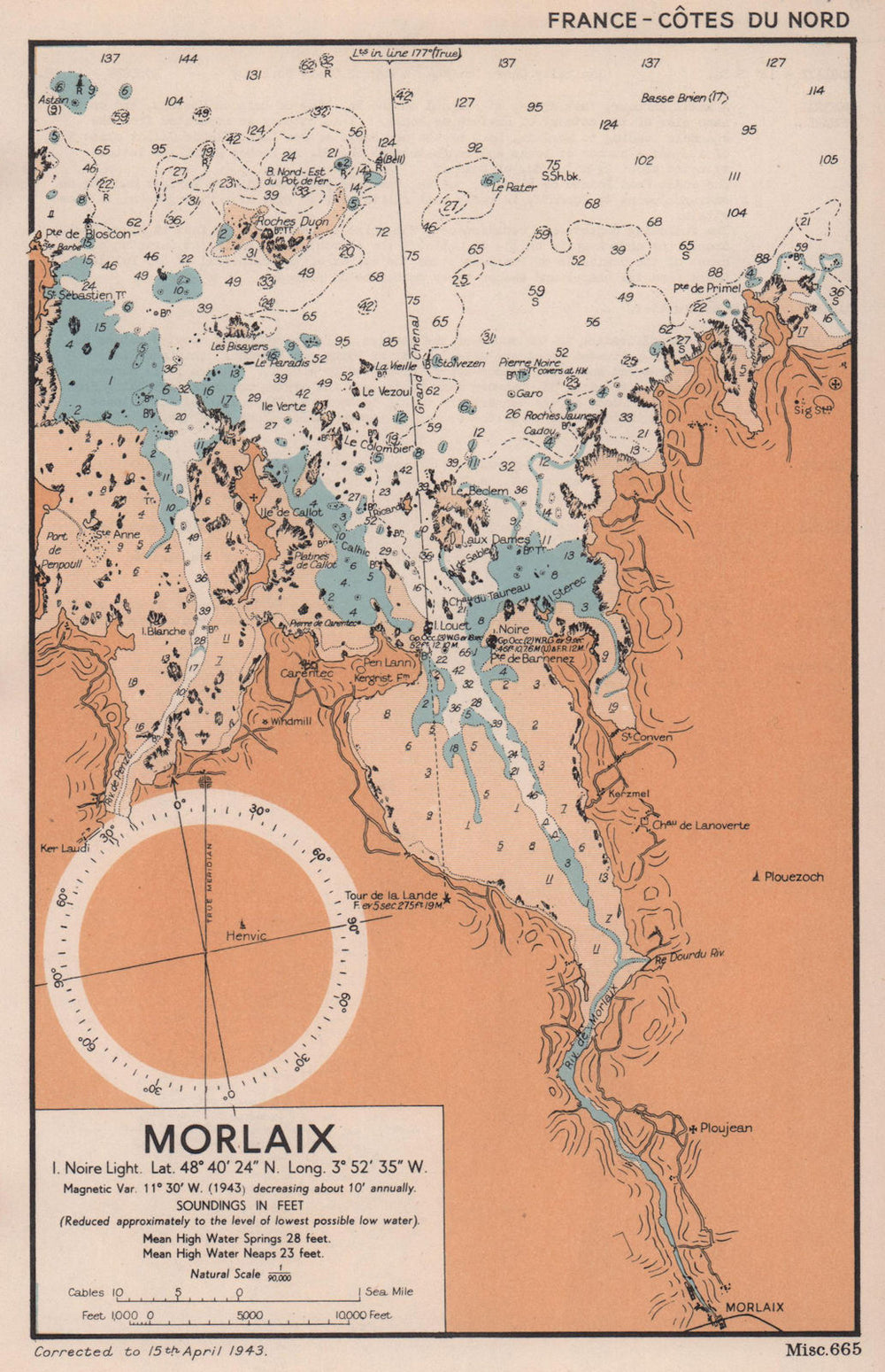 Morlaix sea coast chart. D-Day planning map. Finistère. ADMIRALTY 1943 old