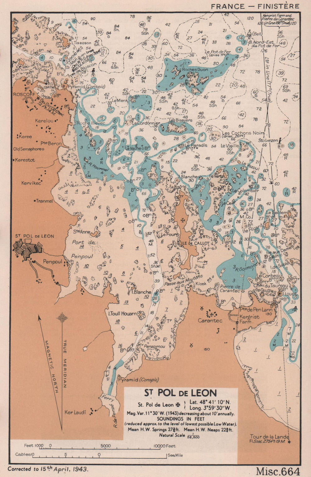 St Pol de Leon sea coast chart. D-Day planning map. Finistère. ADMIRALTY 1943
