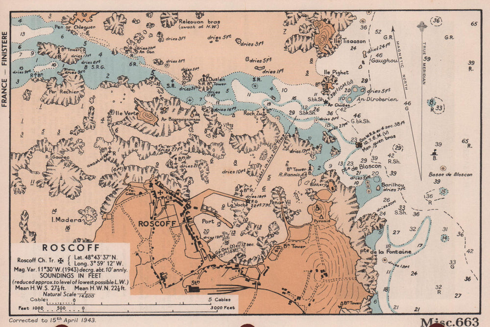 Roscoff town plan & sea coast chart. D-Day planning map Finistère ADMIRALTY 1943