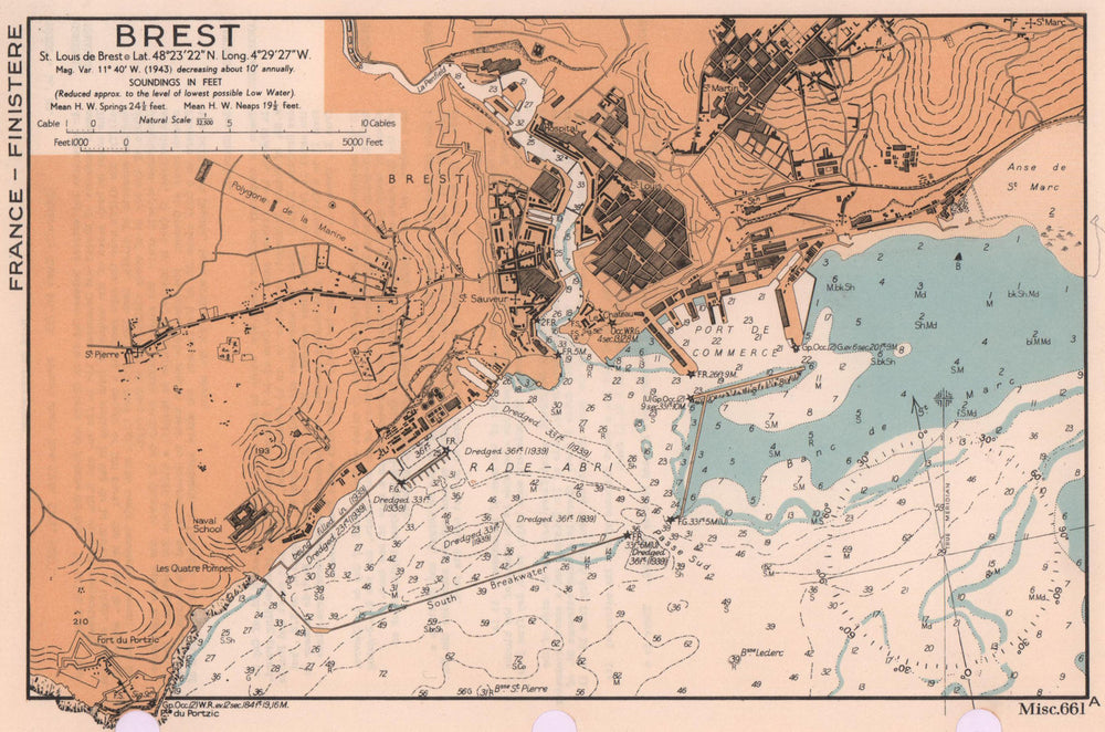 Brest town plan & sea coast chart. D-Day planning map. Finistère. ADMIRALTY 1943