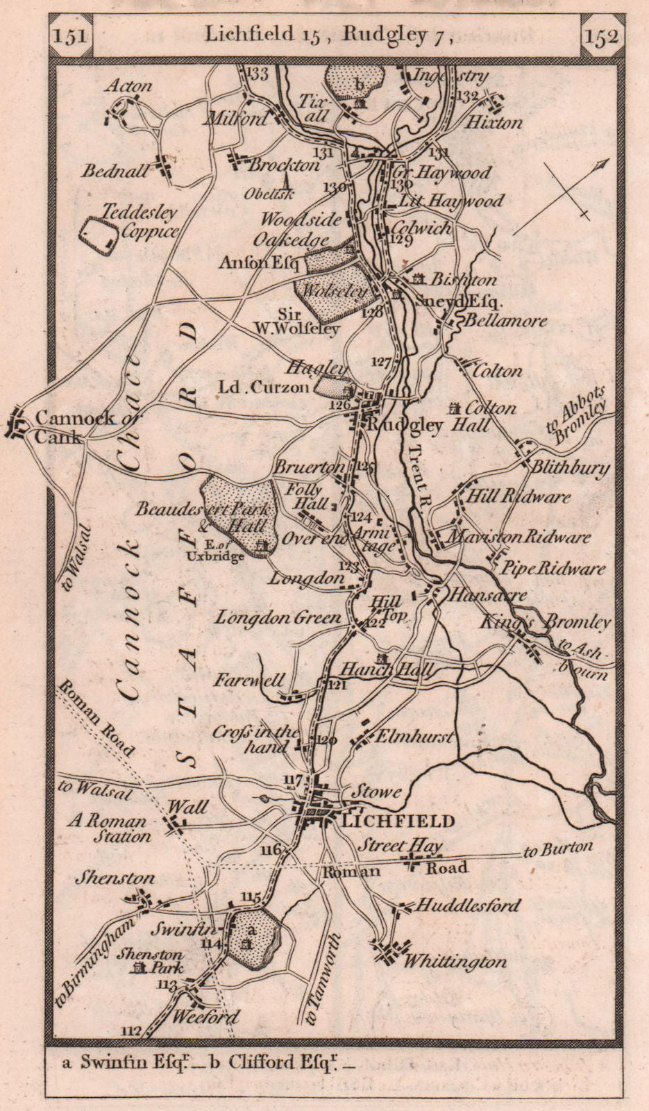 Lichfield - Cannock - Rugeley - Haywood road strip map PATERSON 1803 old
