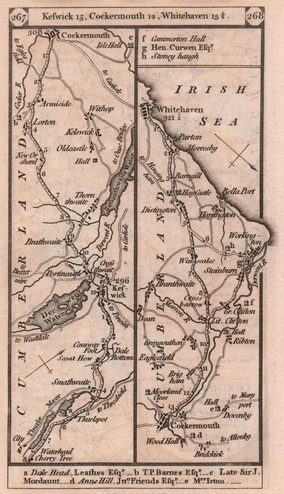 Keswick-Cockermouth-Workington-Whitehaven road strip map PATERSON 1803 old