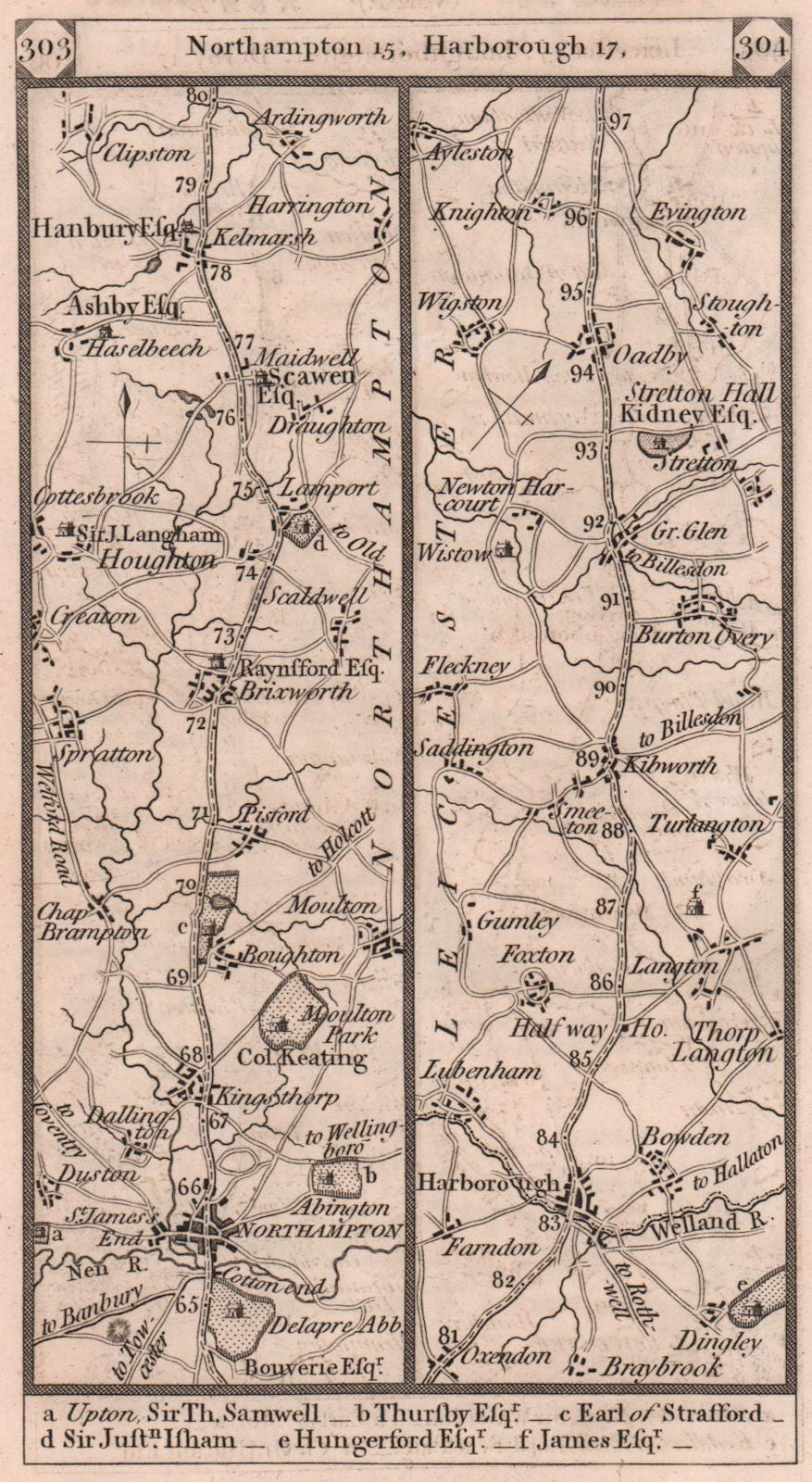 Northampton-Market Harborough-Kibworth-Oadby road strip map PATERSON 1803