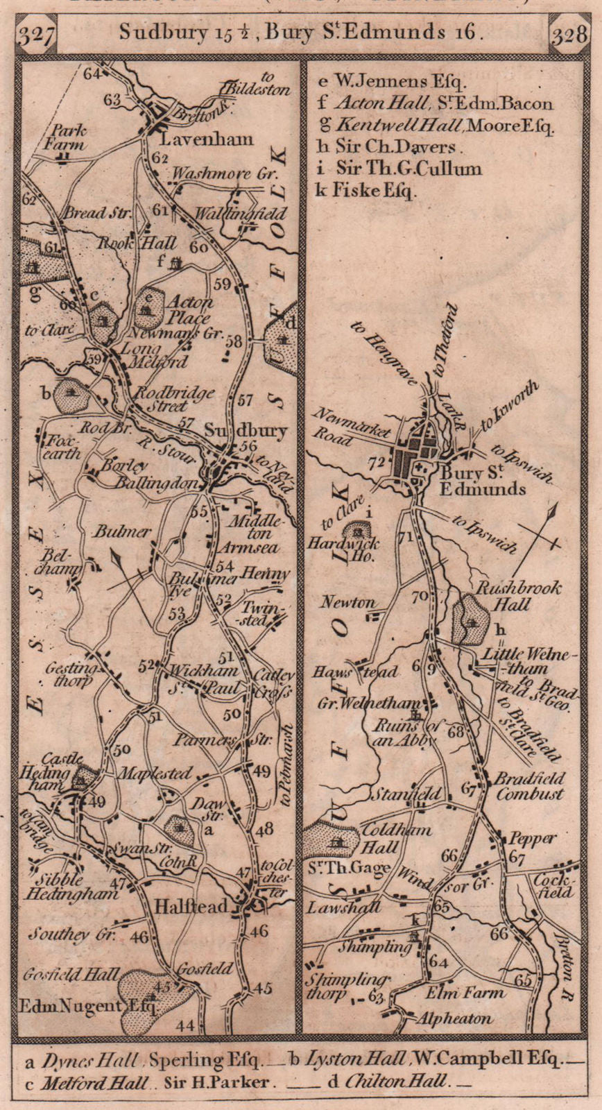 Halstead-Sudbury-Lavenham-Bury St. Edmunds road strip map PATERSON 1803