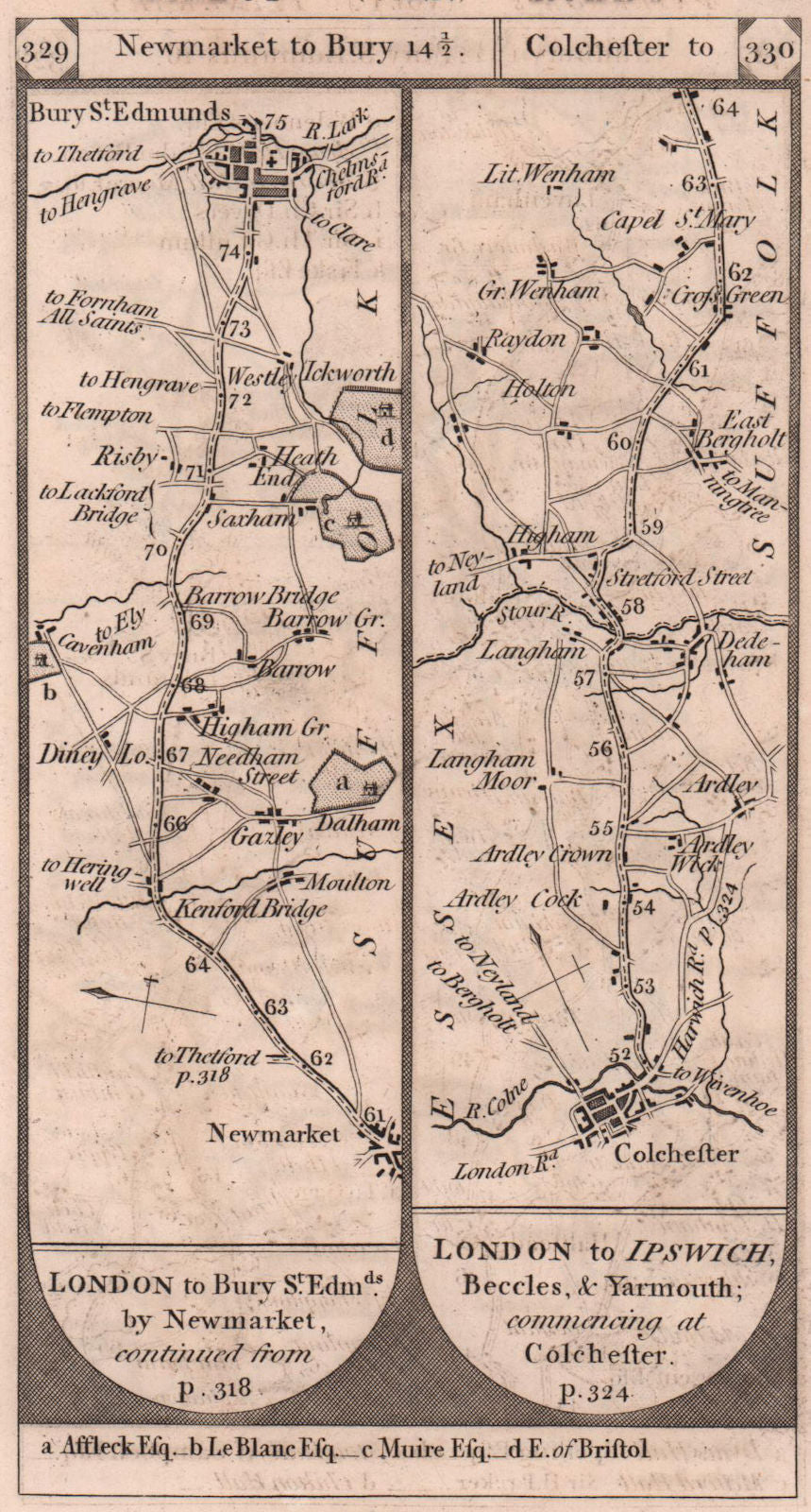 Newmarket-Bury St. Edmunds. Colchester-Bergholt road strip map PATERSON 1803