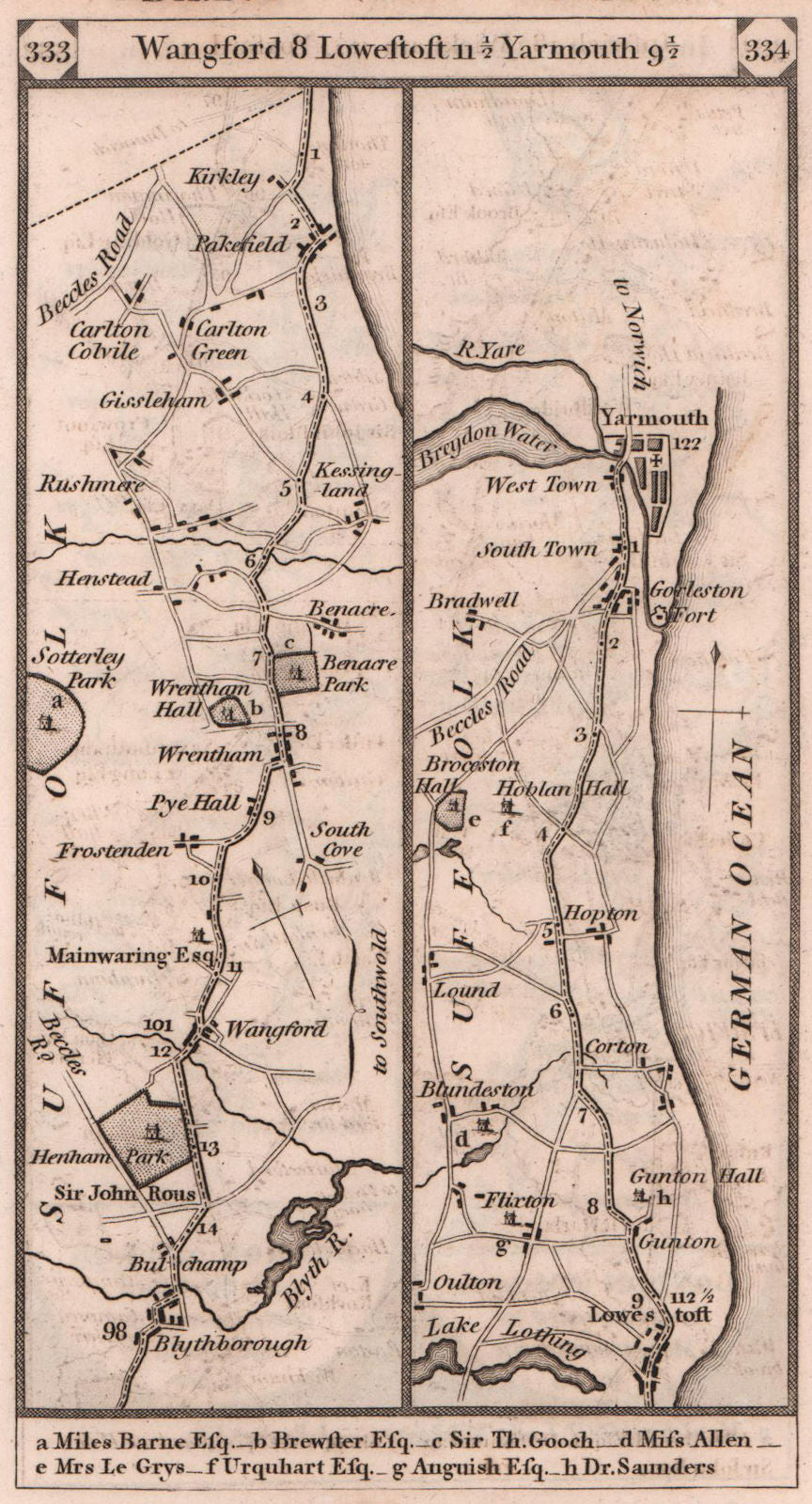 Blythburgh-Wangford-Lowestoft-Great Yarmouth road strip map PATERSON 1803