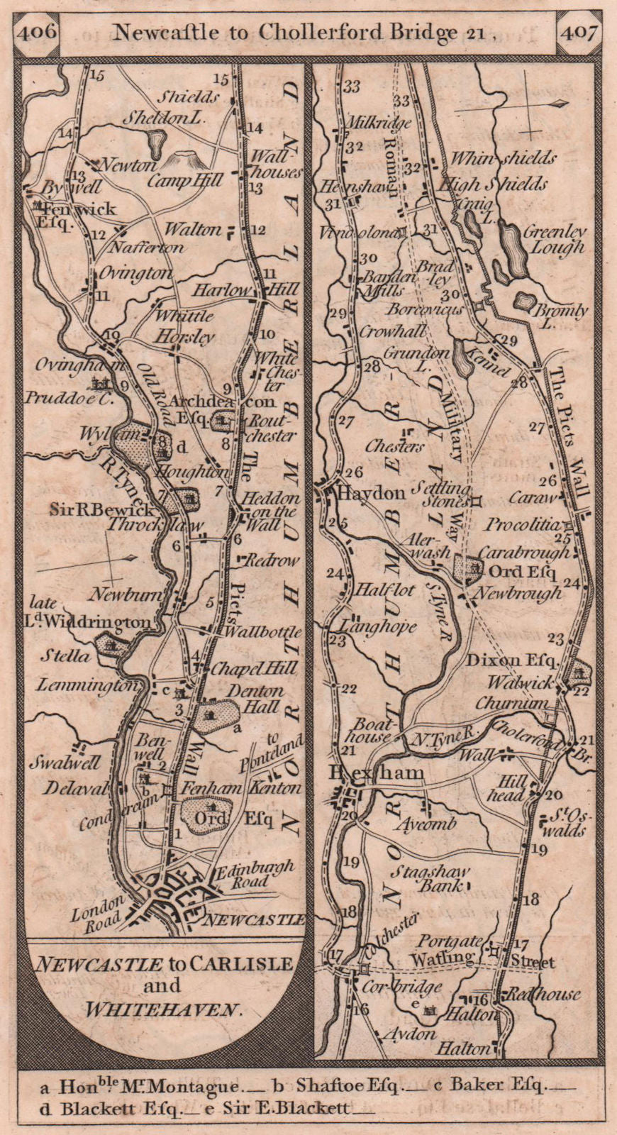 Newcastle-upon-Tyne - Hexham - Haydon Bridge road strip map PATERSON 1803