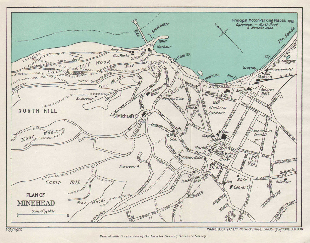 MINEHEAD vintage tourist town city plan. Somerset. WARD LOCK 1940 old map