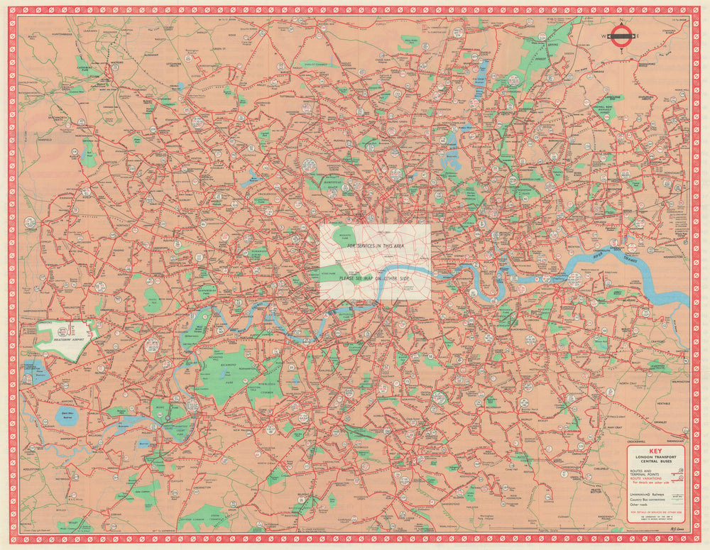 London Transport Central Buses map and list of routes. LEWIS #2 1967 old