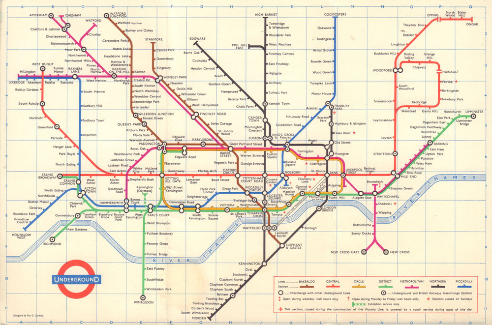 LONDON UNDERGROUND diagram of lines tube map. Ongar. Essex Rd. GARBUTT 1965