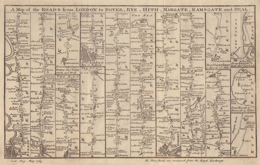 The Roads from London to Dover, Rye… Margate, Ramsgate & Deal GENTS MAG 1765 map