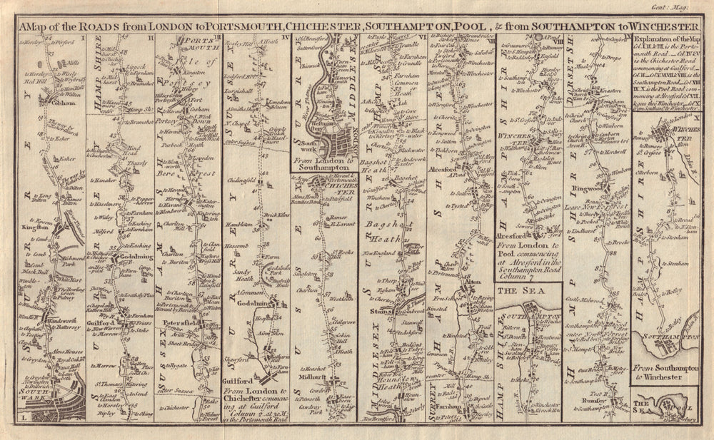 The Roads from London to Portsmouth Chichester Southampton... GENTS MAG 1765 map