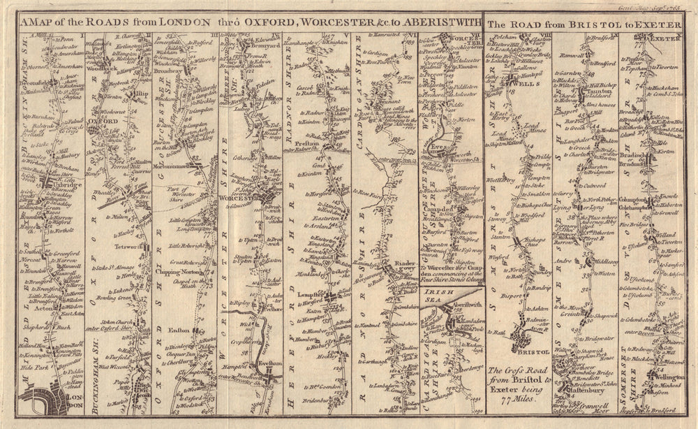 The Roads from London thro Oxford, Worcester to Aberistwith… GENTS MAG 1765 map