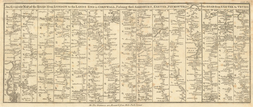 The Road from London to Land's End Salisbury Exeter Plymouth… GENTS MAG 1765 map