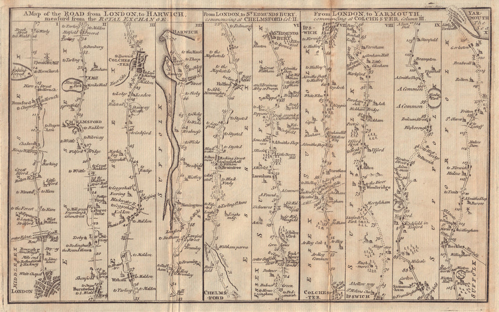 London-Chelmsford-Colchester-Harwich/Yarmouth road strip map GENTS MAG 1766
